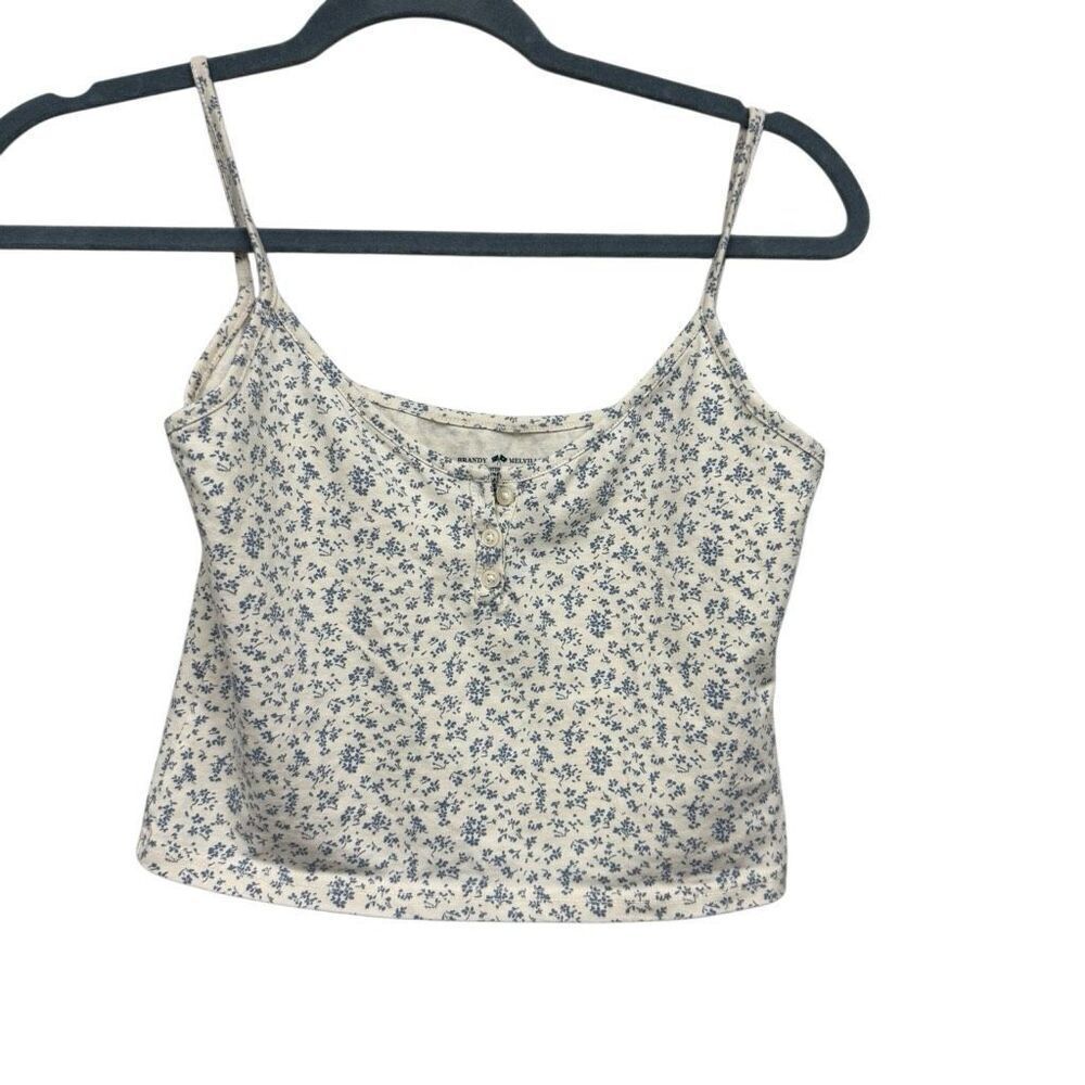 Brandy Melville floral cropped blue and white tank top size small